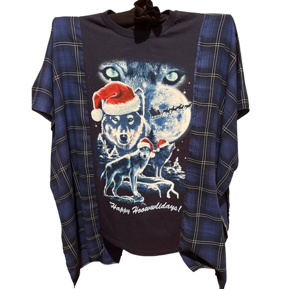 NWOT KiGi Couture Upcycled Poncho Christmas Happy Howlidays DOG T-Shirt (S-3XL) - Picture 1 of 1